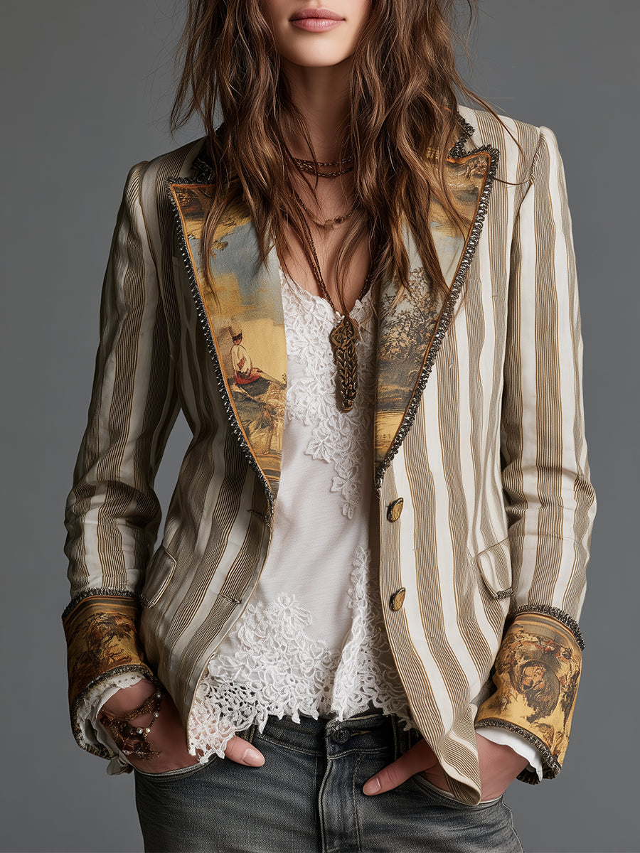 Blazer Boho Feminino às Riscas com Lapela Estampada