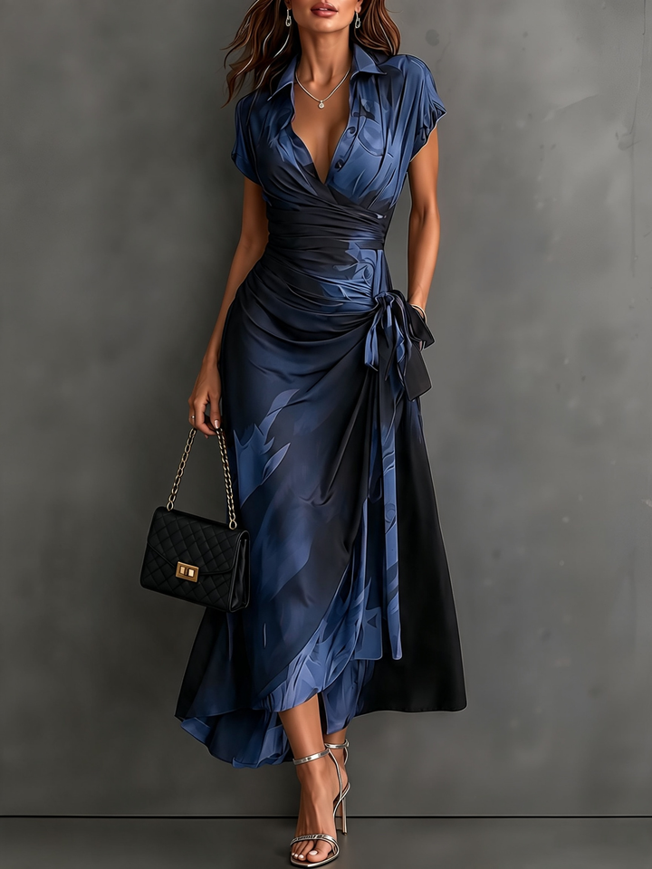 Vestido Midi Trespassado Azul e Preto