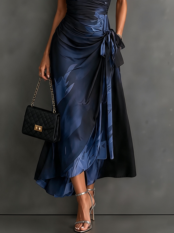 Vestido Midi Trespassado Azul e Preto