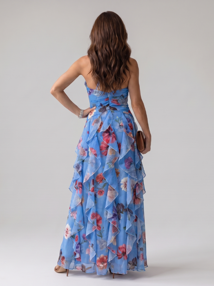 Nori | Vestido maxi floral com decote coração e corpete com folhos