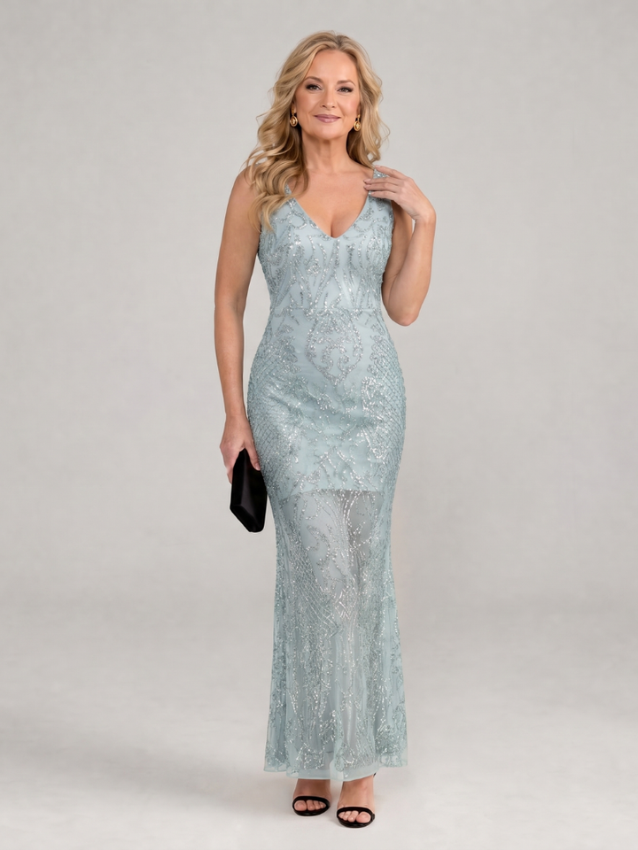 Sirea | Vestido midi sem mangas com lantejoulas e painéis transparentes