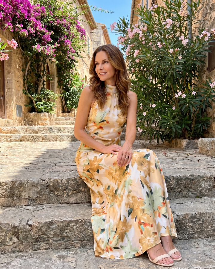 Cekel | Vestido midi com estampado botânico, costas abertas e saia fluida