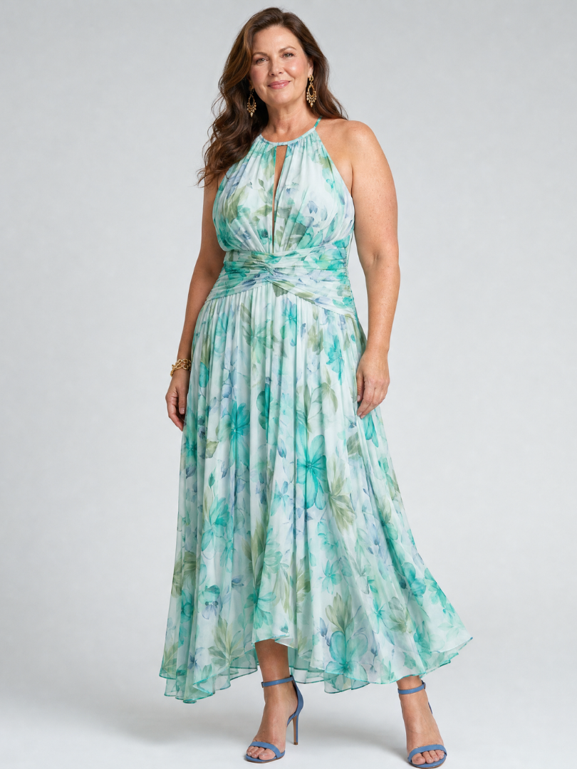 Portia | Vestido midi plissado sem alças com delicado padrão floral