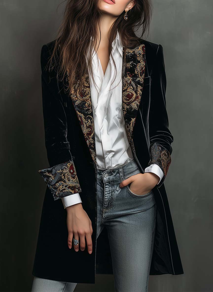 Blazer Feminino Slim Fit Preto com Padrão Barroco e Lapelas