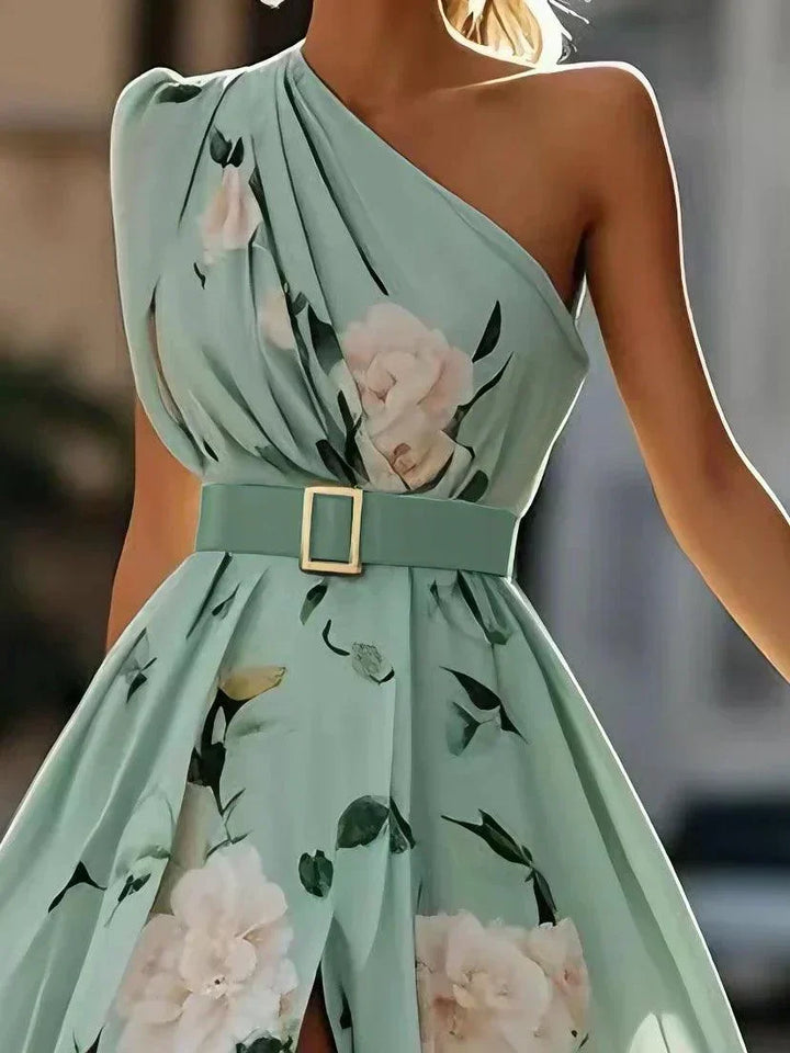 Julie | Vestido Maxi de Chiffon Verde com Estampado Floral