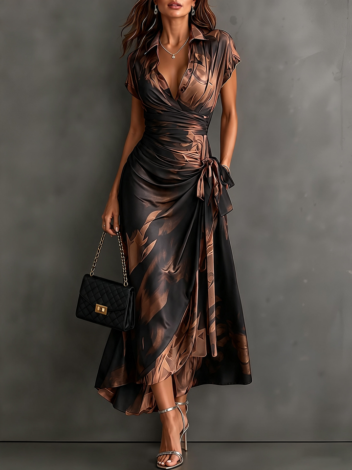 Vestido Midi Trespassado Castanho e Preto