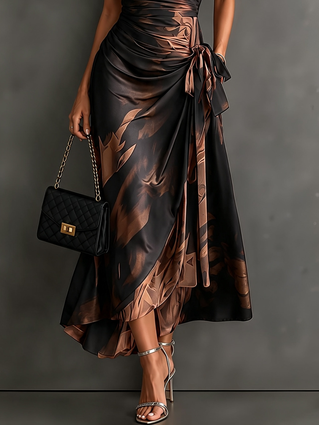 Vestido Midi Trespassado Castanho e Preto
