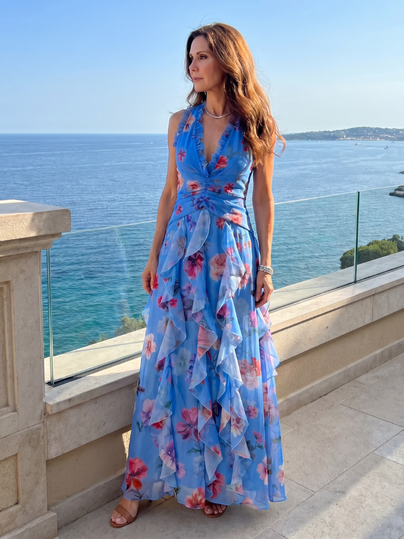 Nori | Vestido maxi floral com decote coração e corpete com folhos