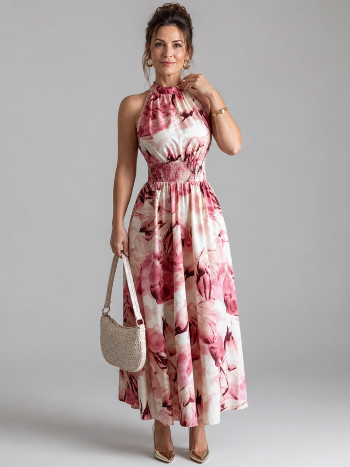 Olivia | Vestido midi com estampado abstrato e faixa de folhos na cintura