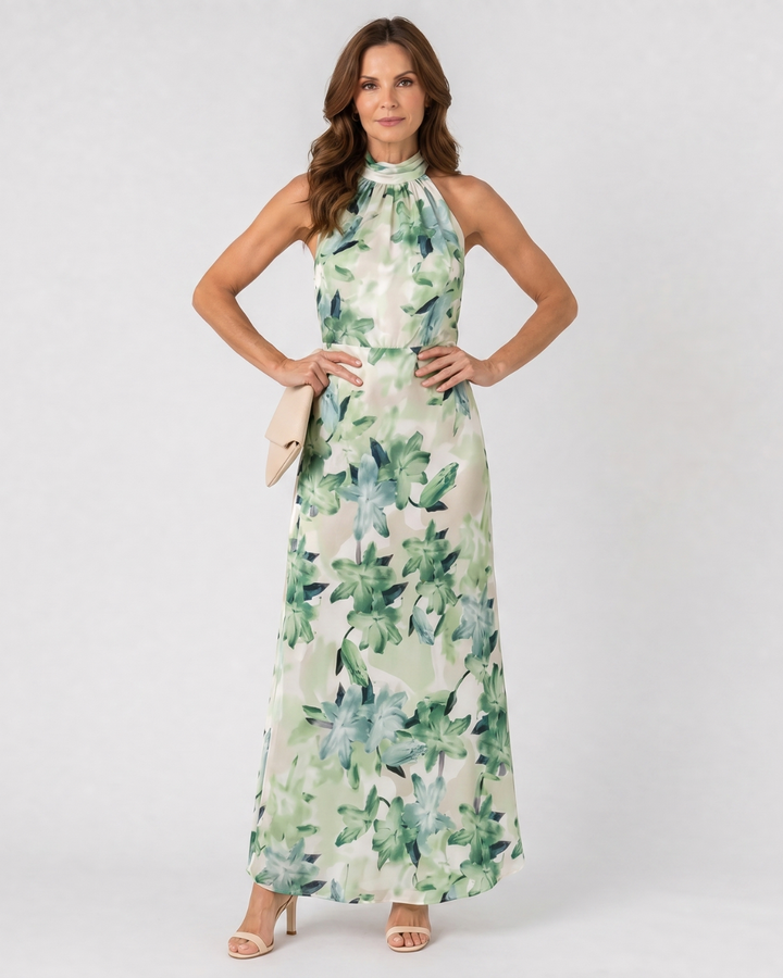 Cekel | Vestido midi com estampado botânico, costas abertas e saia fluida