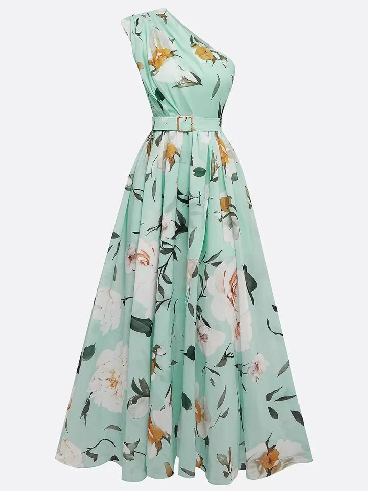 Julie | Vestido Maxi de Chiffon Verde com Estampado Floral