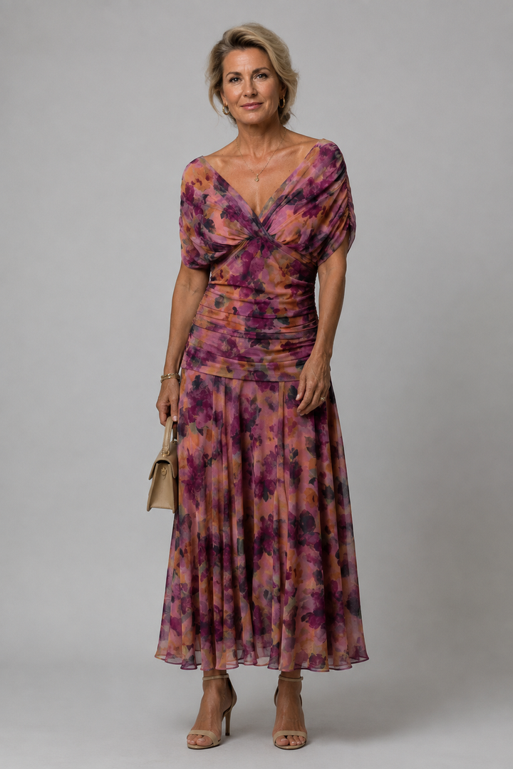 Ariane | Vestido midi drapeado com ombros descobertos
