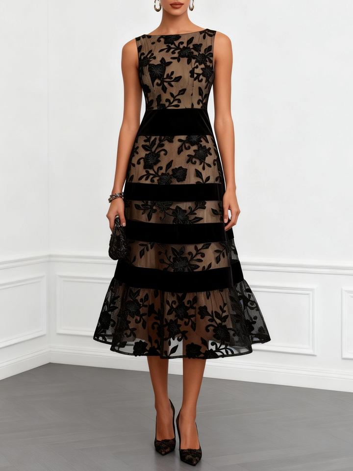 Vestido midi preto sem mangas em linha A de tule com estampado floral