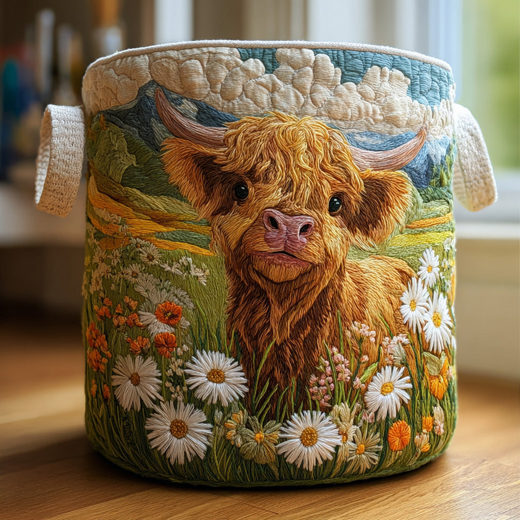 Cesto acolchoado com vaca Highland rodeada de flores
