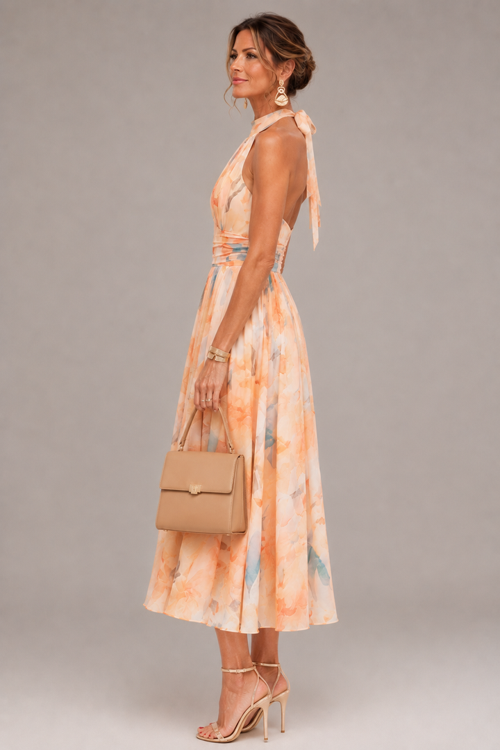 Aurore | Vestido maxi halter com estampado aguarela