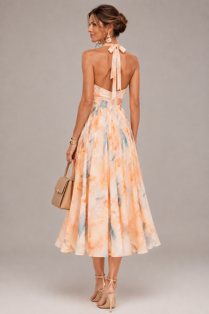 Aurore | Vestido maxi halter com estampado aguarela