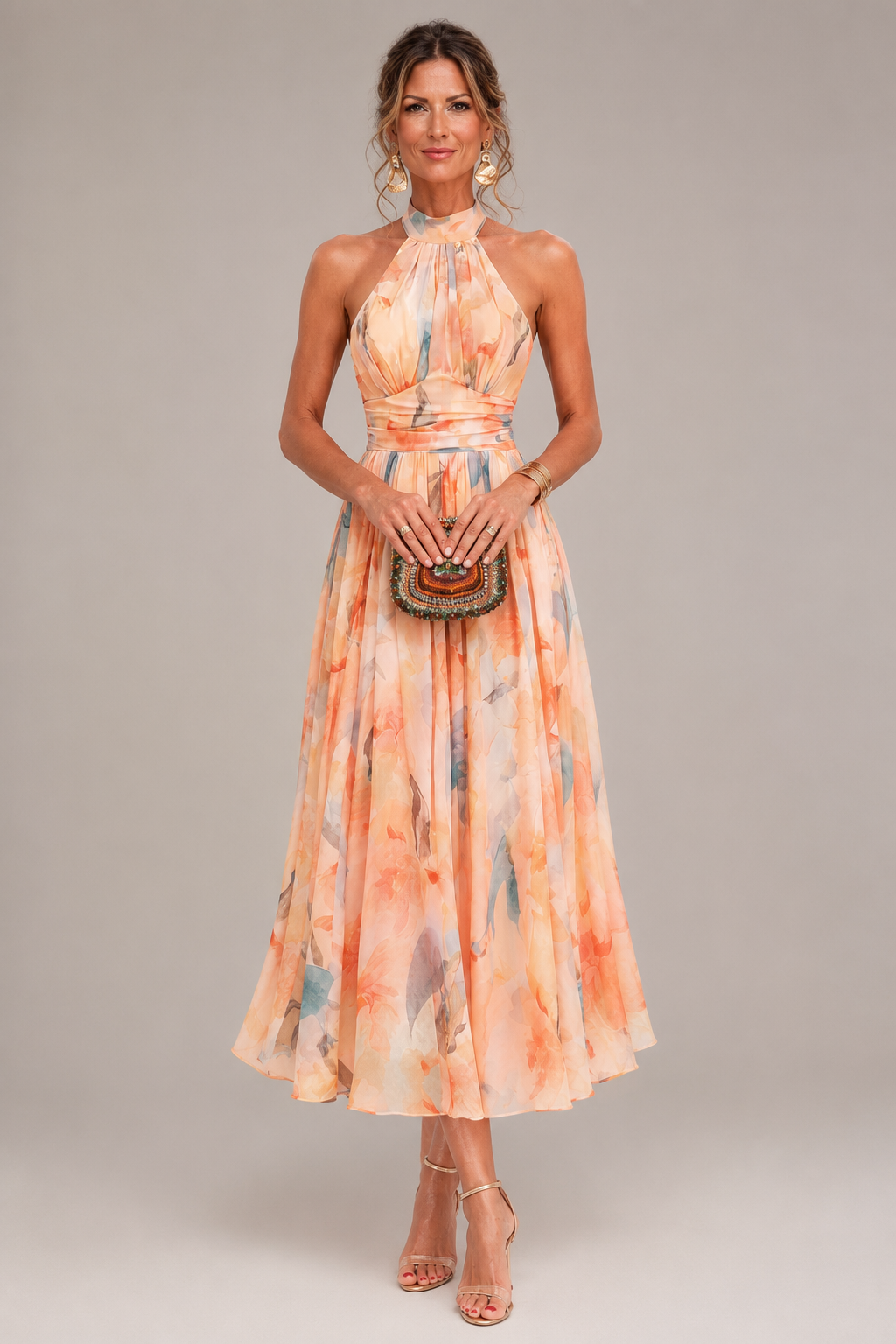 Aurore | Vestido maxi halter com estampado aguarela
