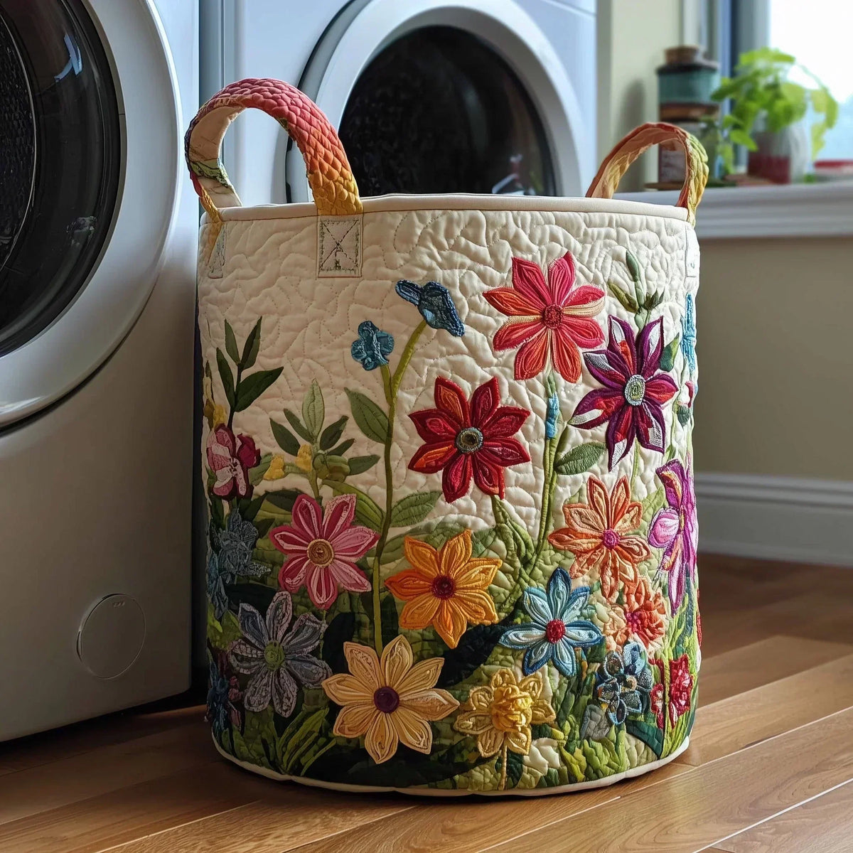 Cesto acolchoado com campo de flores coloridas