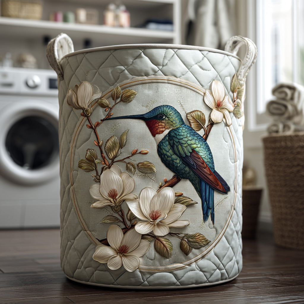 Cesto acolchoado com beija-flor e padrão floral rendado