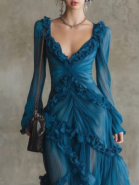 Freya – Vestido de Chiffon Azul com Folhos