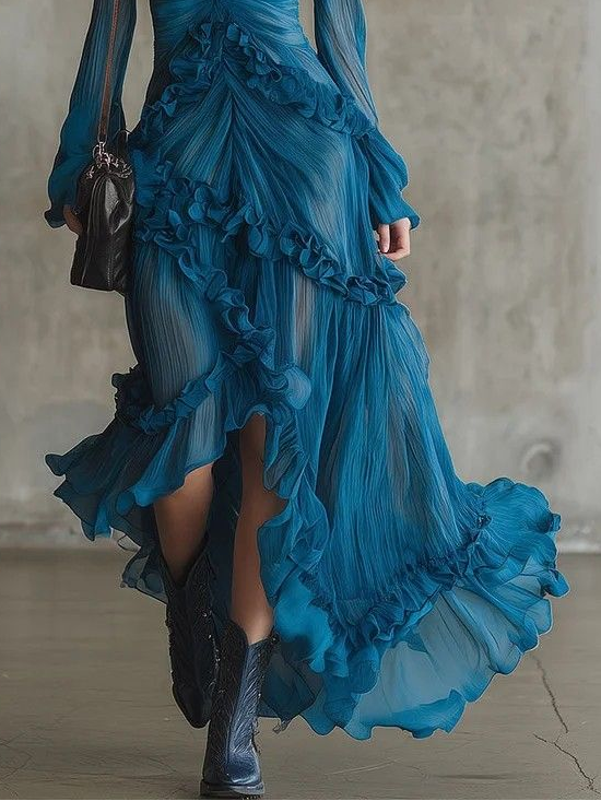 Freya – Vestido de Chiffon Azul com Folhos