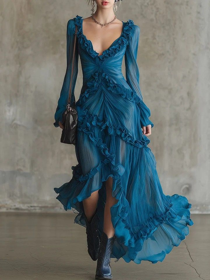 Freya – Vestido de Chiffon Azul com Folhos