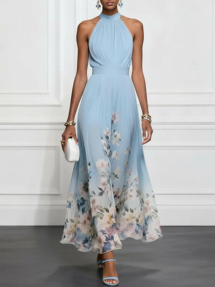 Rosalyn | Vestido Maxi de Chiffon Azul com Flores