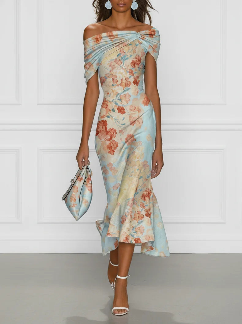 Vittoria - Vestido Midi Sereia Sem Mangas com Decote Bardot e Estampado Floral Azul