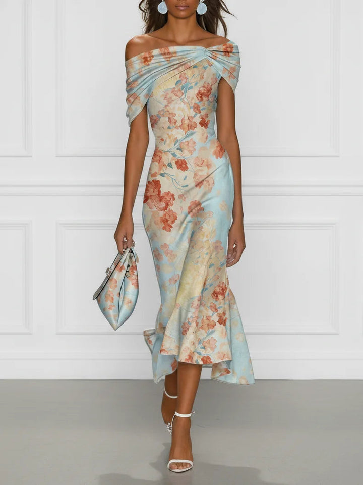 Vittoria - Vestido Midi Sereia Sem Mangas com Decote Bardot e Estampado Floral Azul