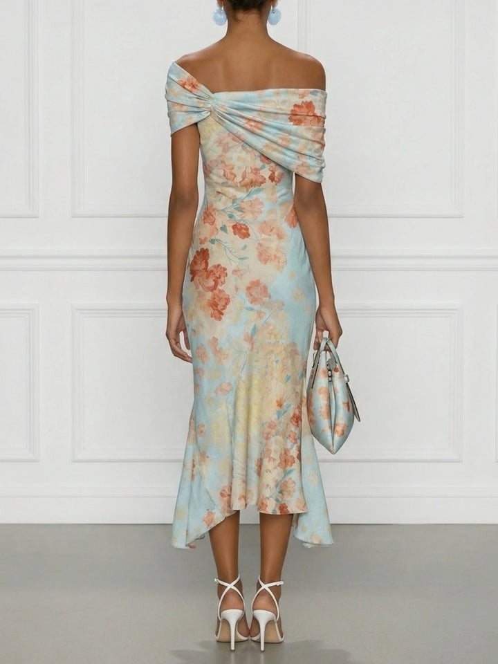 Vittoria - Vestido Midi Sereia Sem Mangas com Decote Bardot e Estampado Floral Azul