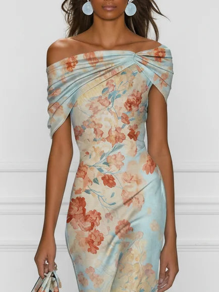 Vittoria - Vestido Midi Sereia Sem Mangas com Decote Bardot e Estampado Floral Azul