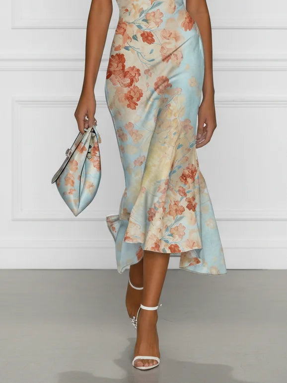 Vittoria - Vestido Midi Sereia Sem Mangas com Decote Bardot e Estampado Floral Azul