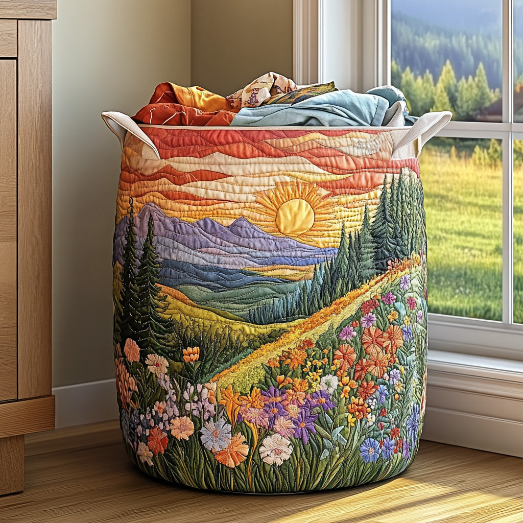 Cesto acolchoado com nascer do sol entre montanhas e flores