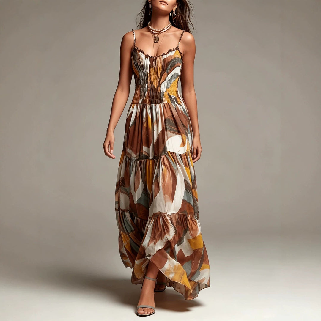 Vestido Maxi em Camadas com Estampado Abstrato e Corpete Franzido