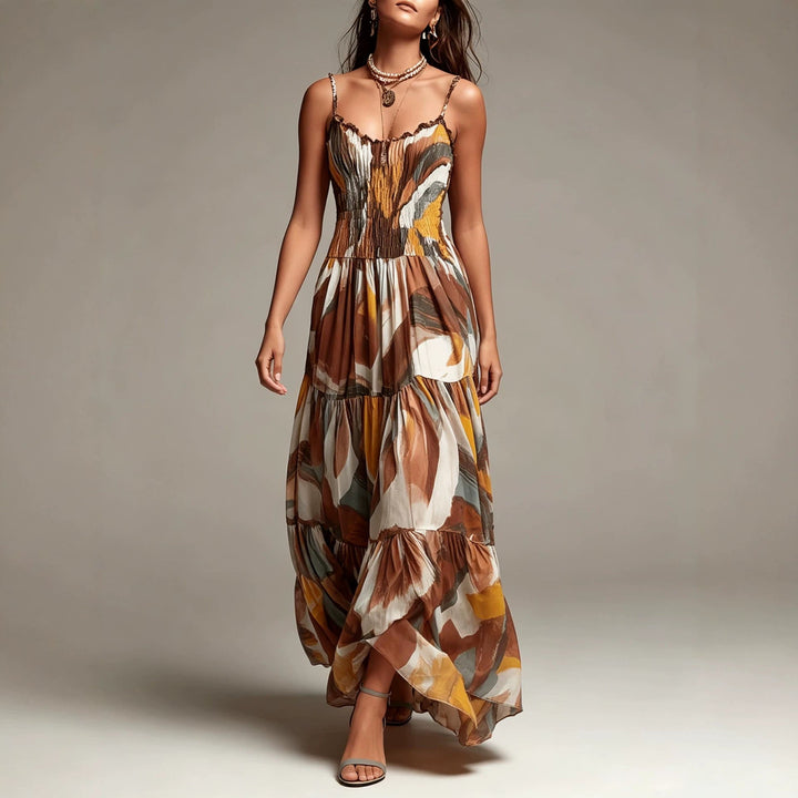 Vestido Maxi em Camadas com Estampado Abstrato e Corpete Franzido