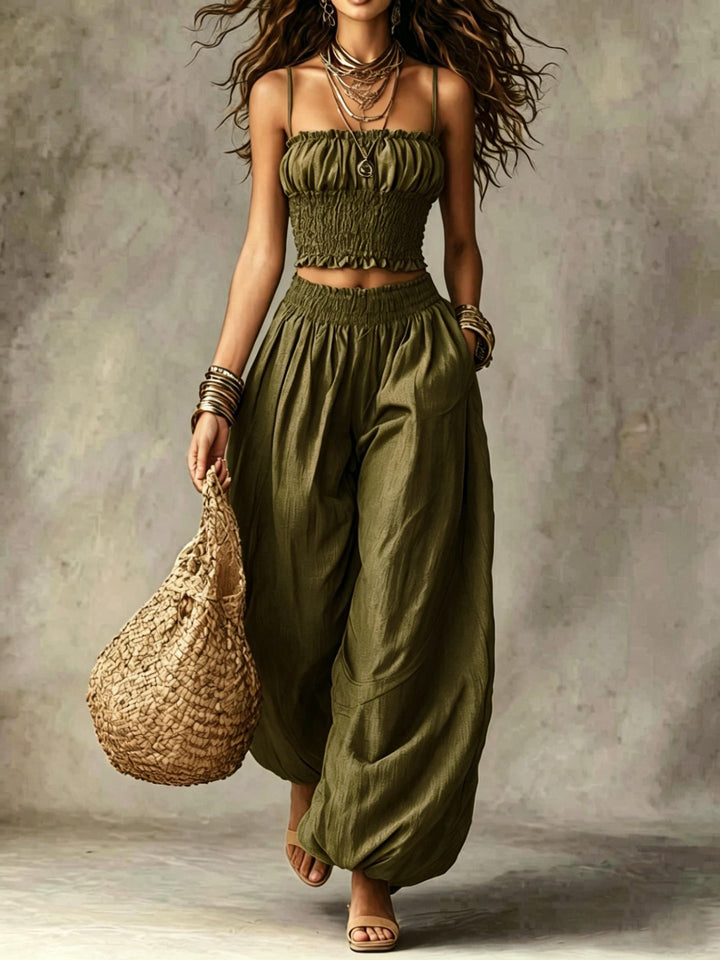 Conjunto de Duas Peças com Top Cropped Franzido e Calças de Perna Larga
