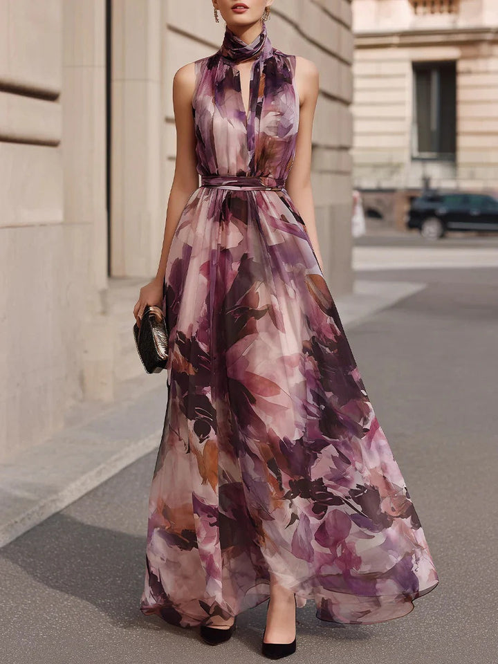 Vestido Maxi Floral com Gola de Laço e Cinto