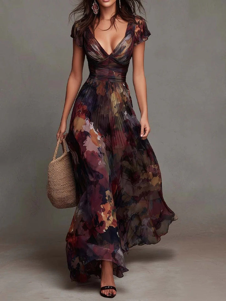 Vestido Maxi Plissado com Decote em V e Estampado Floral Aquarela