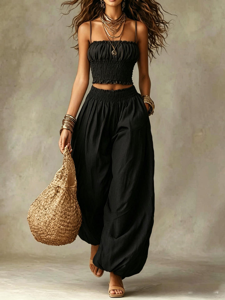 Conjunto de Duas Peças com Top Cropped Franzido e Calças de Perna Larga