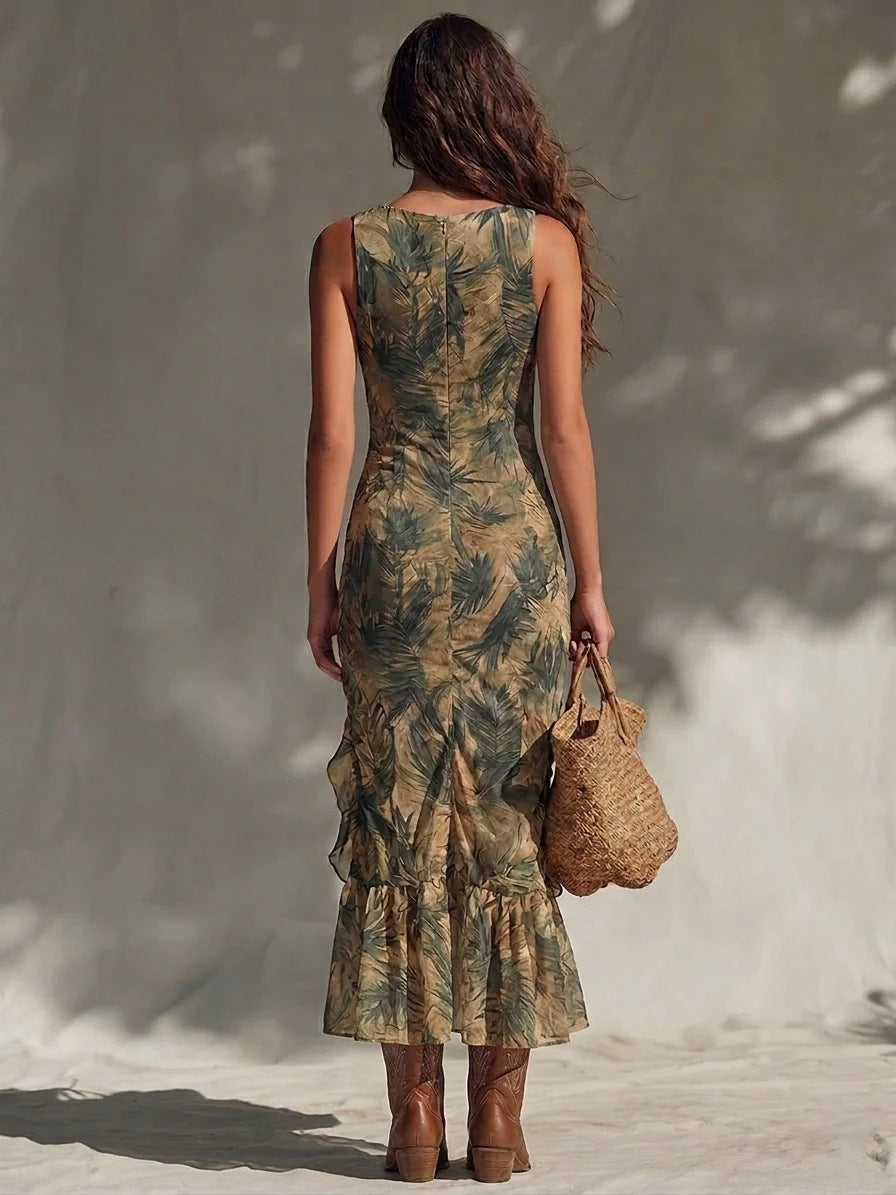 Vestido Maxi com Estampado de Palmeiras, Folhos, Franzidos e Fenda