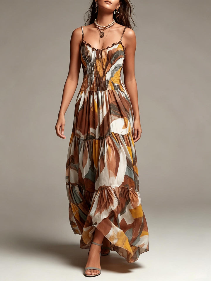 Vestido Maxi em Camadas com Estampado Abstrato e Corpete Franzido