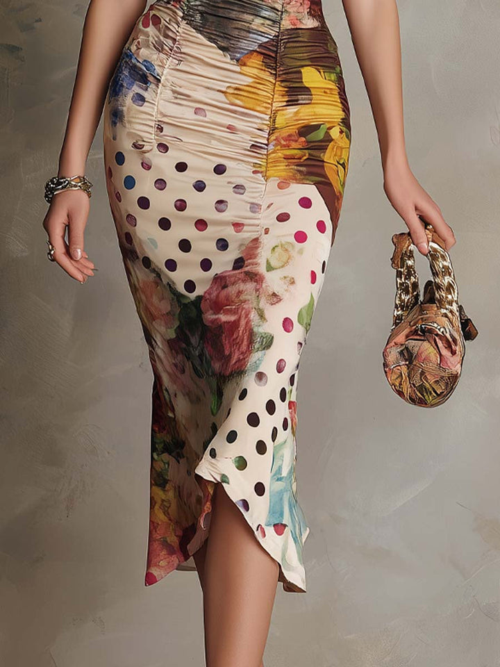 Vestido Midi Bodycon Franzido com Estampado Misto e Acabamento em Renda