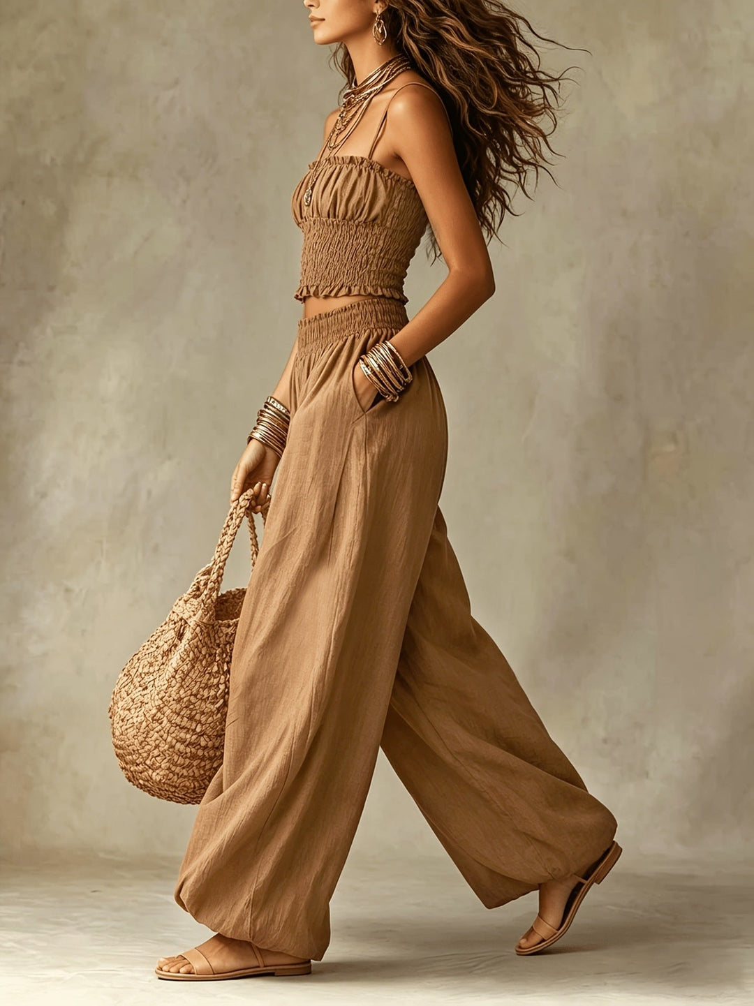 Conjunto de Duas Peças com Top Cropped Franzido e Calças de Perna Larga