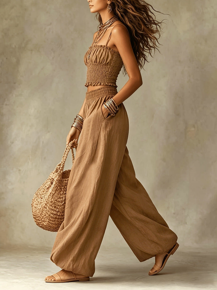 Conjunto de Duas Peças com Top Cropped Franzido e Calças de Perna Larga