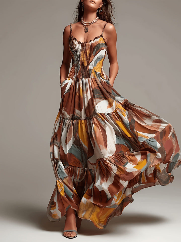 Vestido Maxi em Camadas com Estampado Abstrato e Corpete Franzido