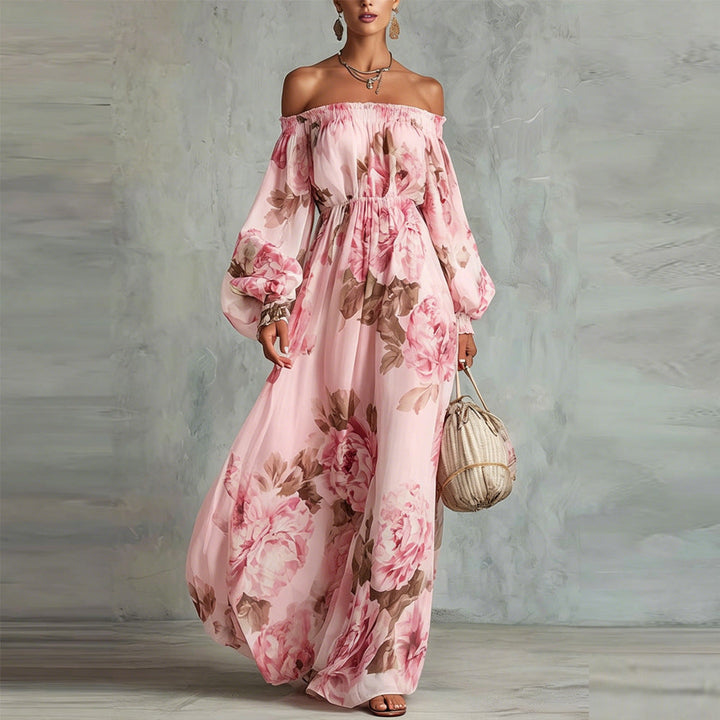 Payton | Vestido Maxi Floral de Ombros Descobertos com Mangas Compridas