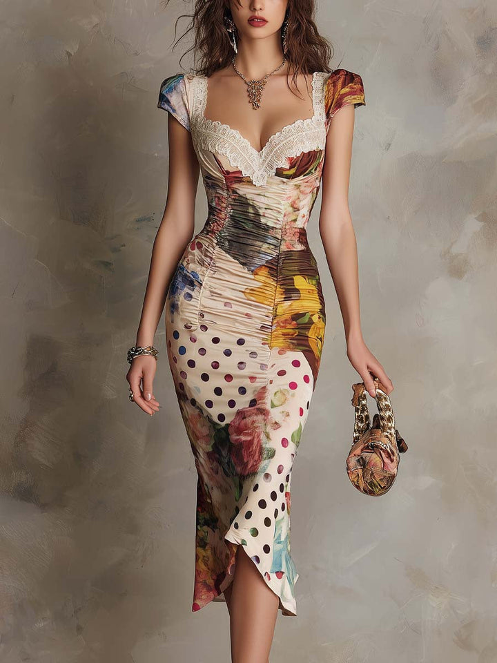 Vestido Midi Bodycon Franzido com Estampado Misto e Acabamento em Renda