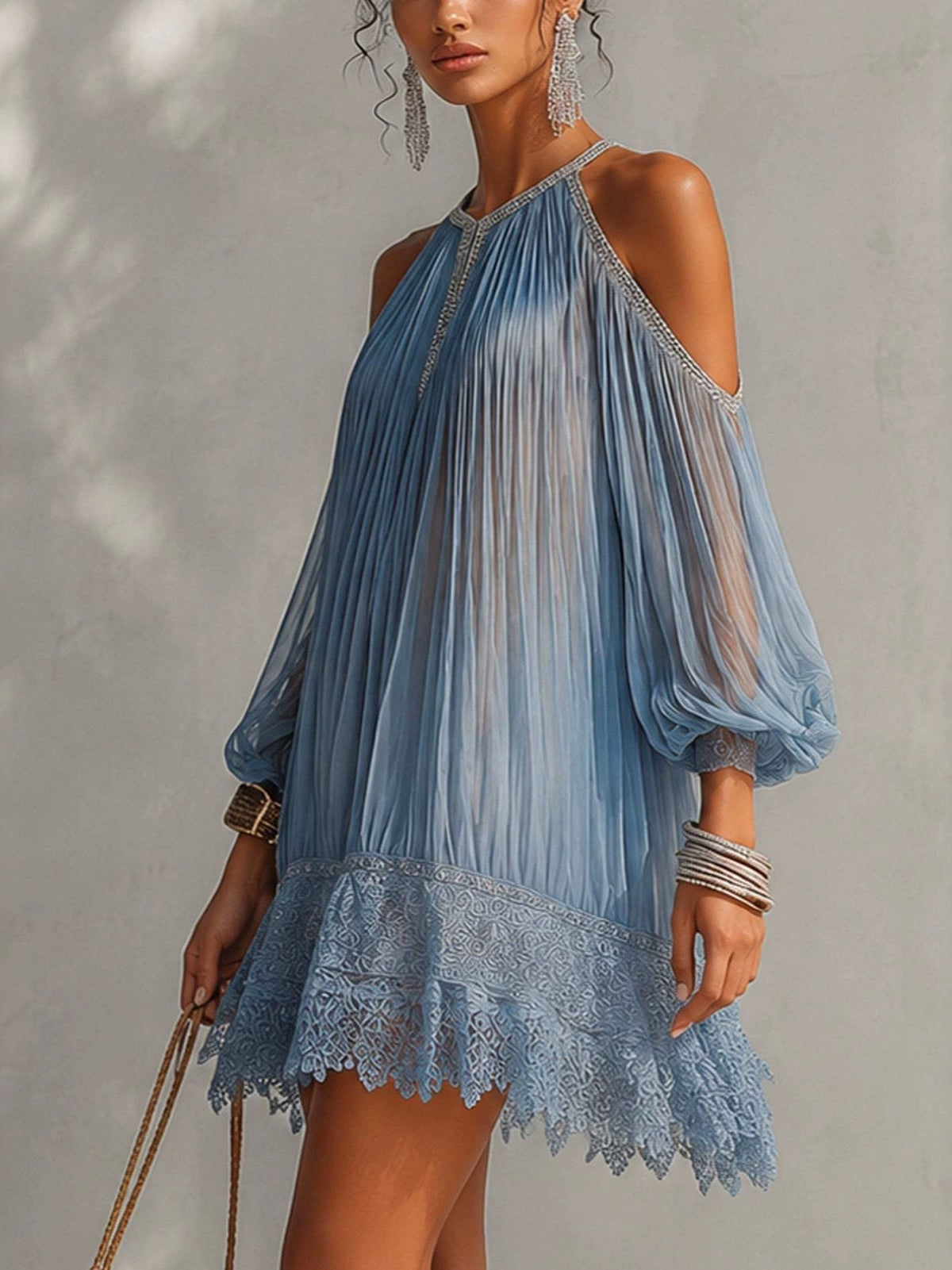 Eivor – Minivestido azul-claro com acabamento em renda