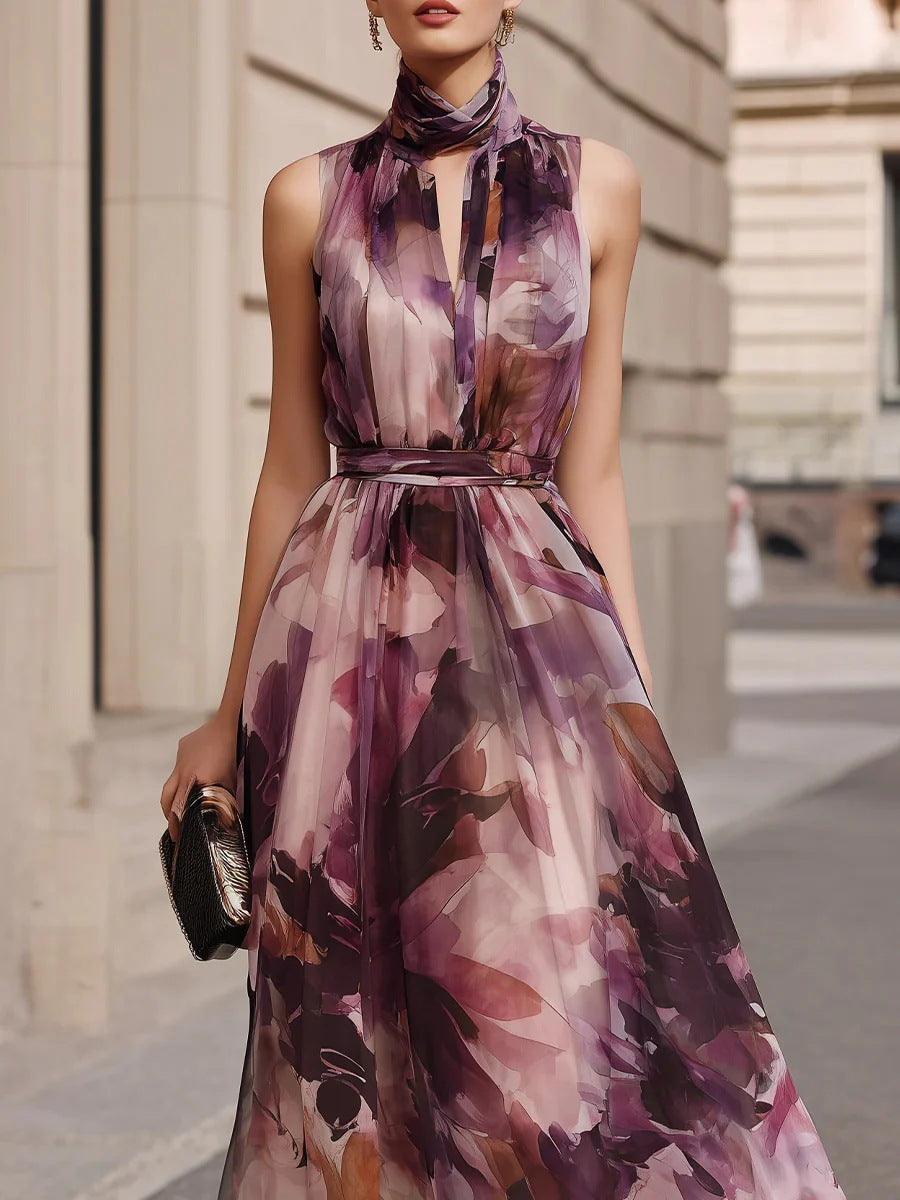 Vestido Maxi Floral com Gola de Laço e Cinto