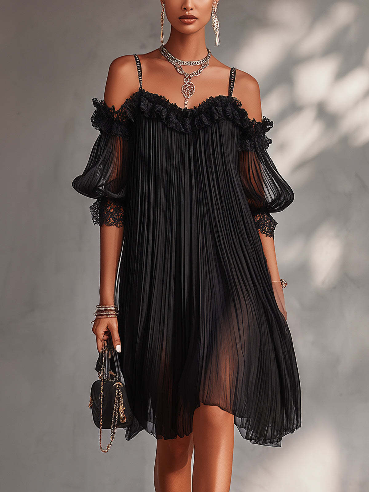 Vittoria – Minivestido preto de chiffon com renda